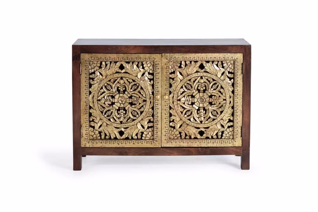 Comodino intagliato in legno di mango Giner Y Colomer, marrone e oro, stile etnico con decorazioni floreali – 2