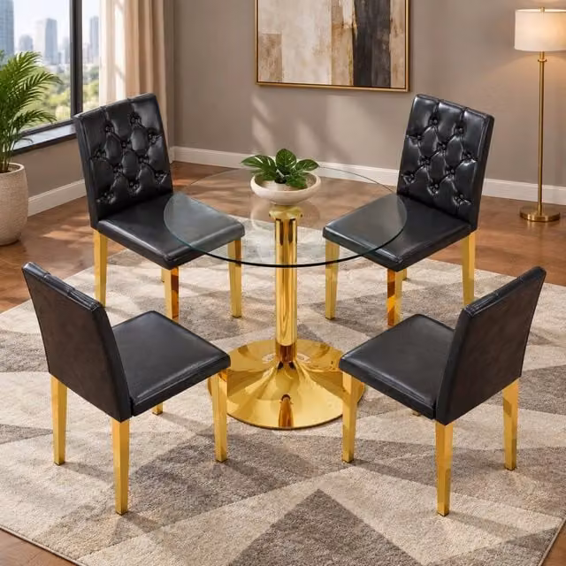 Set tavolo rotondo e sedie da pranzo Mivray in vetro temperato trasparente e metallo nero e oro con finitura lucida