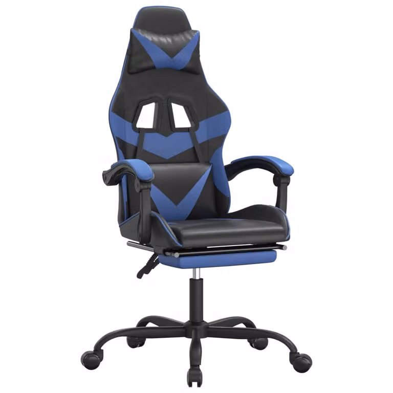 Sedia da Gaming con Poggiapiedi Nero e Blu in Pelle finta