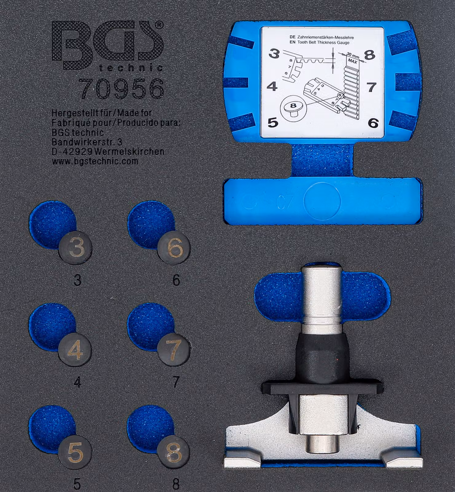 BGS inserto carrello officina 1/6: Tester di tensione della cinghia dentata e set di strumenti di misura - 70956