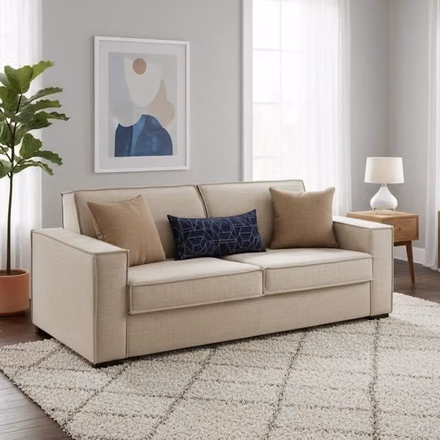 Divano Letto Adalberto Talamo Italia, Sofà 3 Posti con Apertura Girevole e Braccioli Slim, Rivestimento in Tessuto Beige, L: 200 cm, P: 95 cm, H: 90 cm