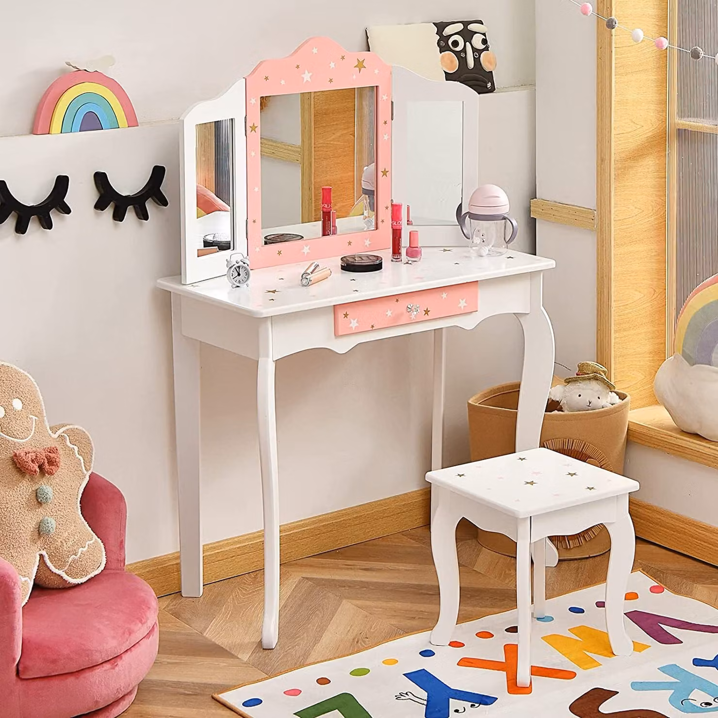COSTWAY Tavolino da toilette per bambini con sgabello, tavolino da toilette per principesse con cassetto e specchio pieghevole a 3 ante, tavolino da toilette rosa bianco, tavolino da trucco per ragazze