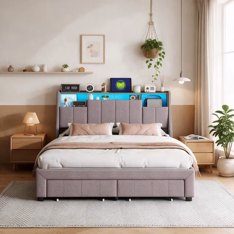 Letto imbottito INONEFT, 160x200 cm, con illuminazione LED e porta USB, letto per ragazzi con 2 cassetti, testiera con tasca laterale e vano contenitore, colore grigio lino