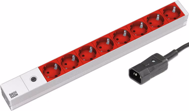 Ciabatta multipresa Bachmann, 48,26 cm, 8 prese CEE7/3, con connettore C14, alluminio, lunghezza cavo 8 metri, (UPS) gruppo di continuità (offline), 2.300 W