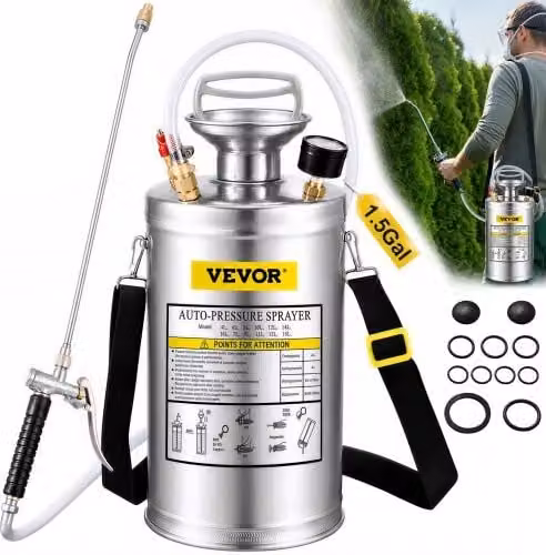 Spruzzatore manuale a pressione VEVOR in acciaio inossidabile color argento da 6L per giardinaggio e pulizia