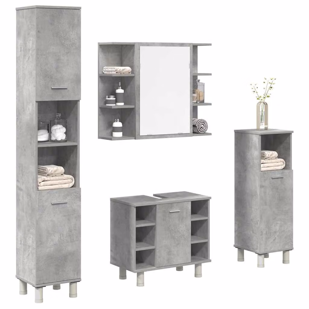 Set di mobili da bagno vidaXL 4 pezzi in legno e vetro, colore grigio, stile moderno con armadietto specchio, mobile lavabo, mobile laterale e colonna alta