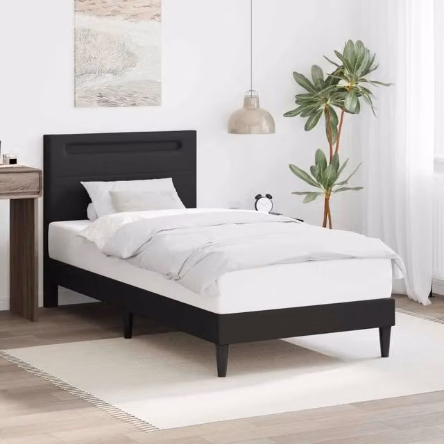 Letto moderno DESIGN IN in similpelle nero con strisce LED e porte USB, L/P: 90 x 190 cm