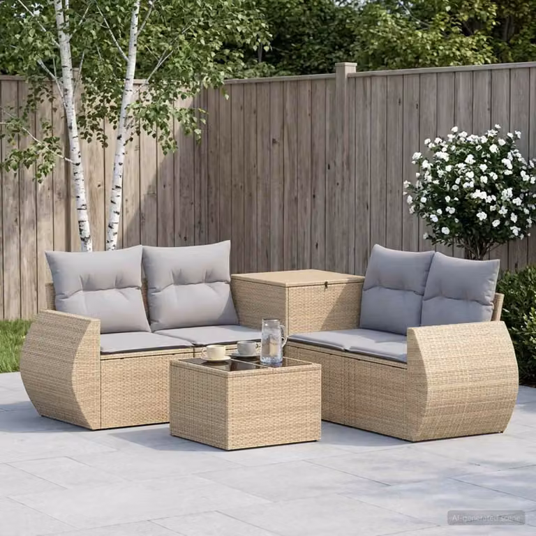 Set di divani da giardino vidaXL a forma di L con tavolo da caffè, beige e grigio