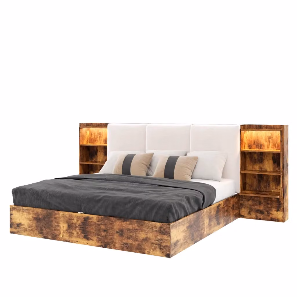 Letto contenitore matrimoniale moderno in tessuto marrone con illuminazione sottostante e testiera imbottita L/P: 180 x 200 cm – 2