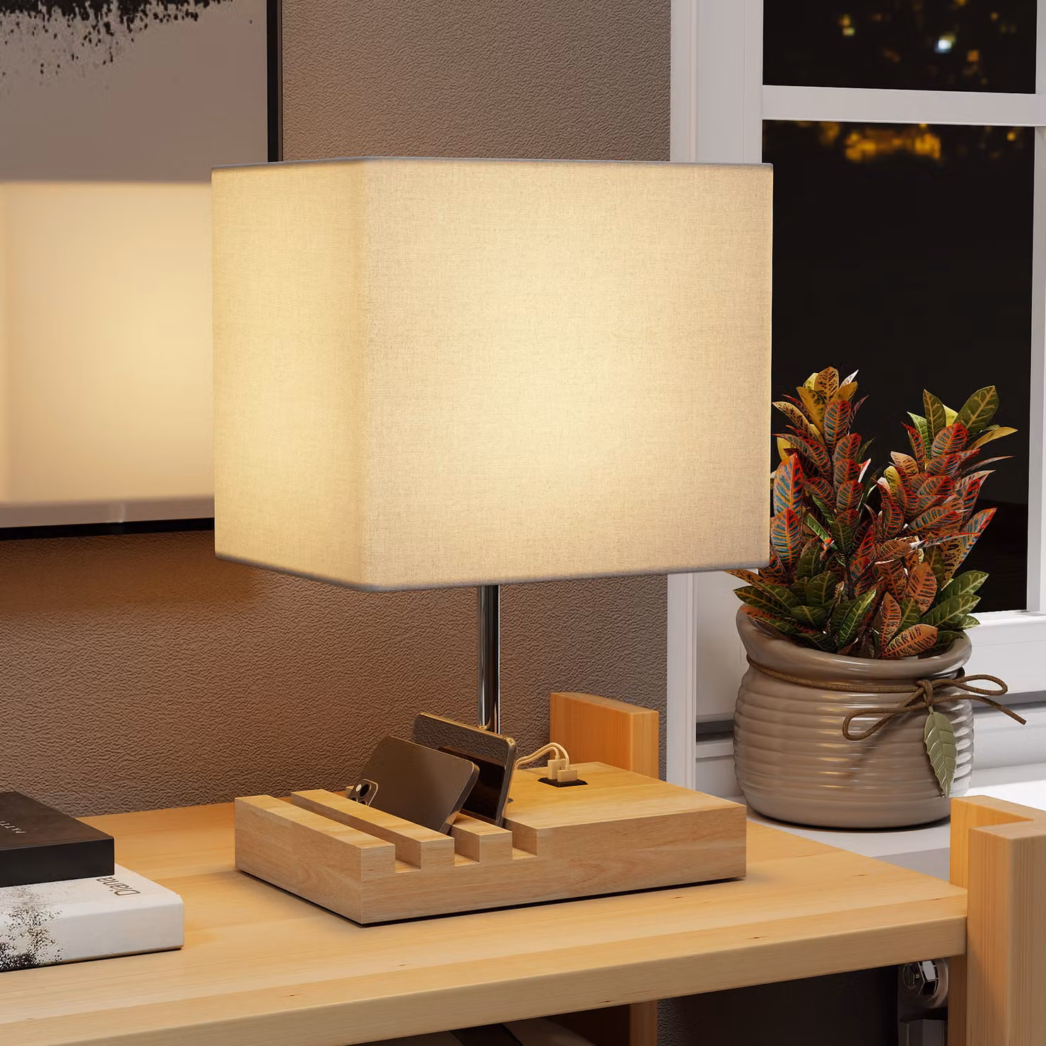 Lampada da Tavolo HOMCOM con Porte USB-A/C e Supporto per Telefoni, Base in Legno e Paralume in Tessuto Bianco – 2