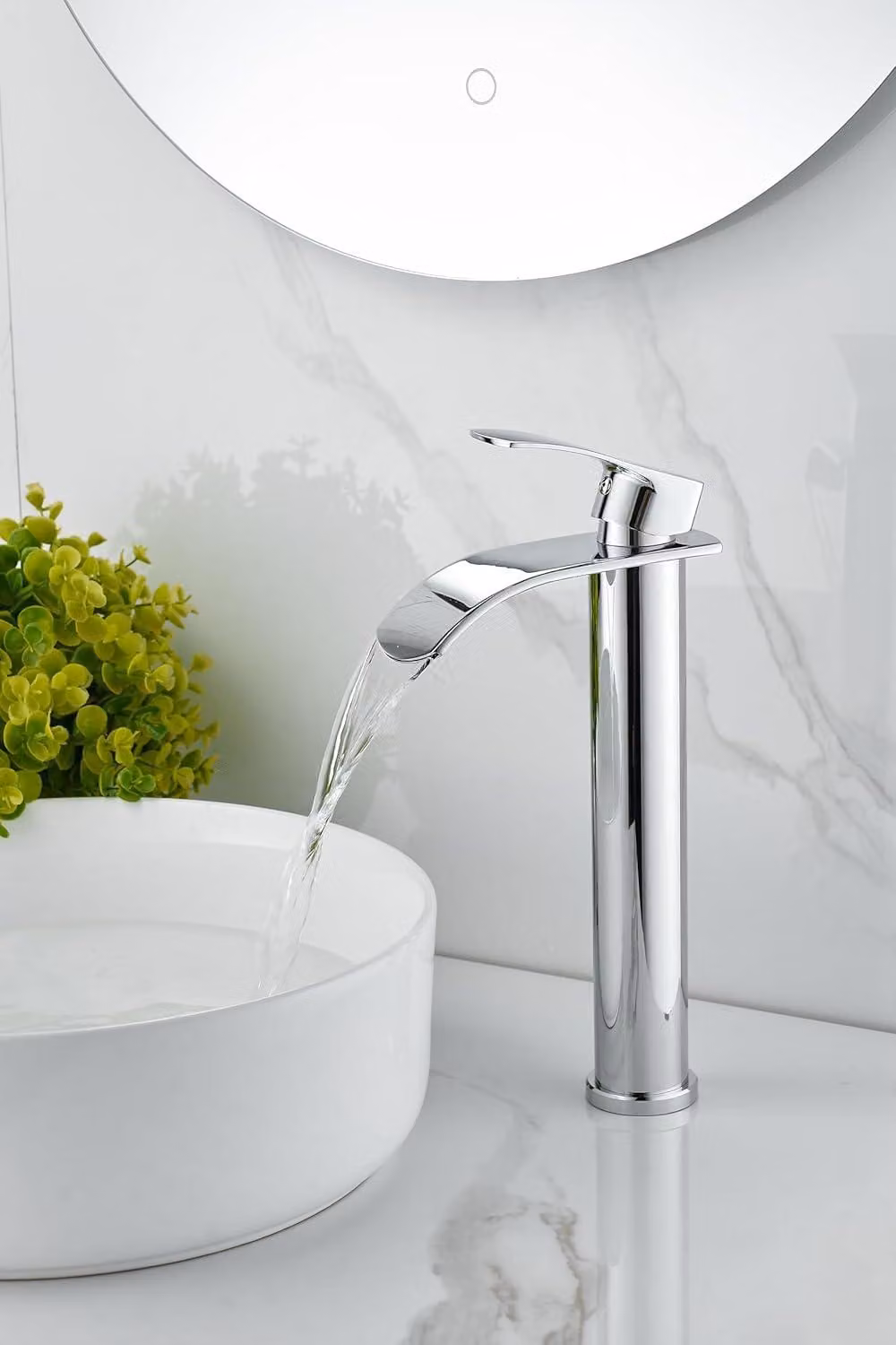 Miscelatore monocomando per lavabo a cascata, cromato, in acciaio inossidabile