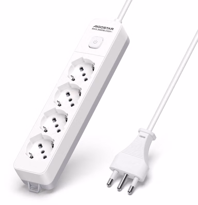 Ciabatta multipresa Aigostar, con 4 prese, interruttore, 250 V/3680 W, cavo da 3 metri. Colore: bianco e grigio