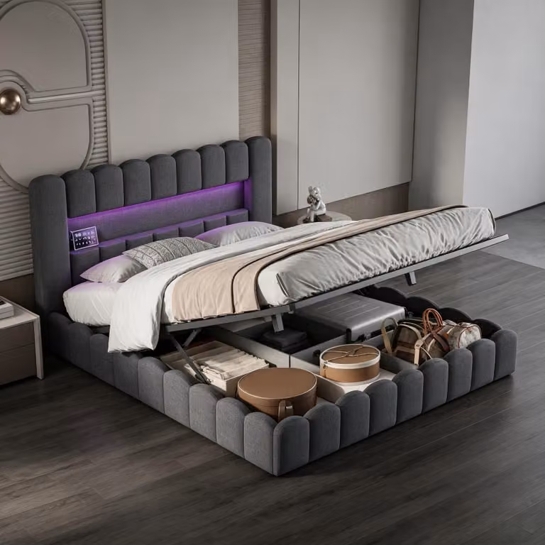Letto imbottito INONEFT 180x200 cm con LED, letto per ragazzi, letto matrimoniale con rete a doghe/spazio contenitore, letto con spazio contenitore e boxspring, letto con spazio contenitore, tessuto in lino, colore grigio