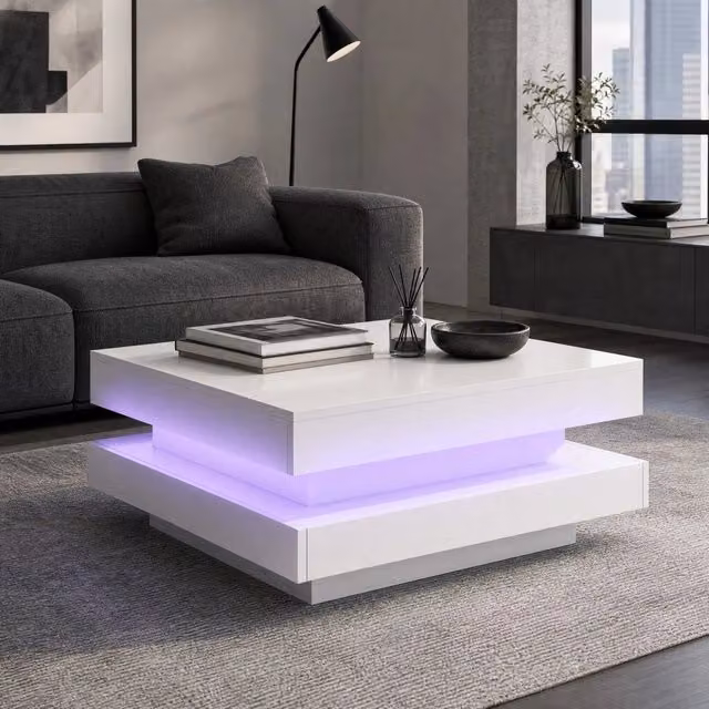 Tavolino da caffè quadrato bianco lucido LED girevole 70x70 cm