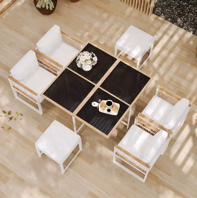 Set di mobili da giardino 7 pezzi con tavolo quadrato 117x117 cm in vetro temperato e 6 posti, struttura in ferro e poliestere intrecciato