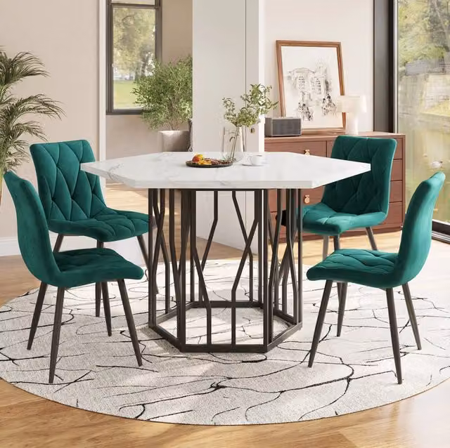 Set tavolo da pranzo 115;5x100 cm; design esagonale; MDF e acciaio; nero bianco e verde