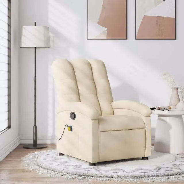 Poltrona reclinabile relax in tessuto beige con braccioli e struttura in legno e metallo