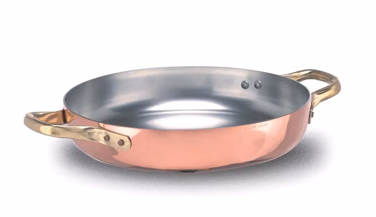 Tegame in Rame liscio stagnato a mano con due maniglie in ottone, diam. 24cm