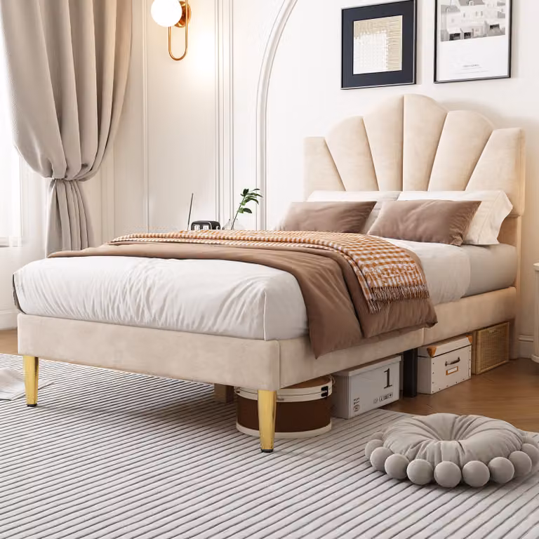 Letto imbottito Flieks 90x200cm con rete a doghe, letto per ragazzi letto per bambini con testiera a conchiglia, letto singolo letto in legno massiccio letto classico, velluto, beige