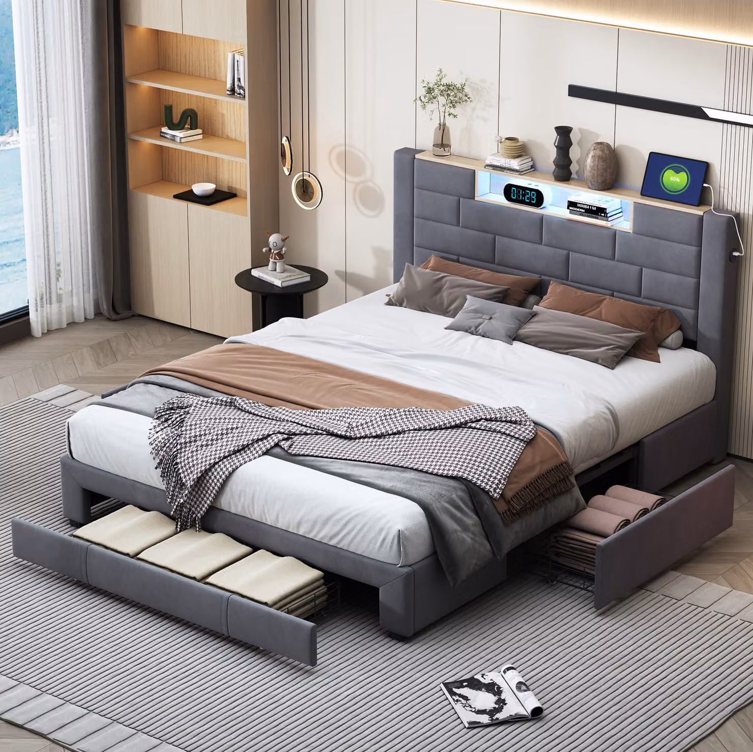 Letto imbottito ProximaX 140x200 cm con funzione di ricarica USB&Tipo-c, 3 cassetti, rete a doghe e rivestimento in velluto, letto per ragazzi e matrimoniale, design classico