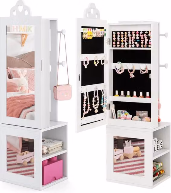 Mobiletto portagioie 3 in 1 con specchio a figura intera in MDF bianco, L: 34 cm, P: 30 cm, H: 117 cm