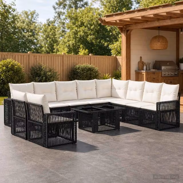 Set Divano da Giardino Moderno vidaXL in Polyrattan con Tavolino e Cuscini, 11 Pezzi, Nero e Bianco Crema