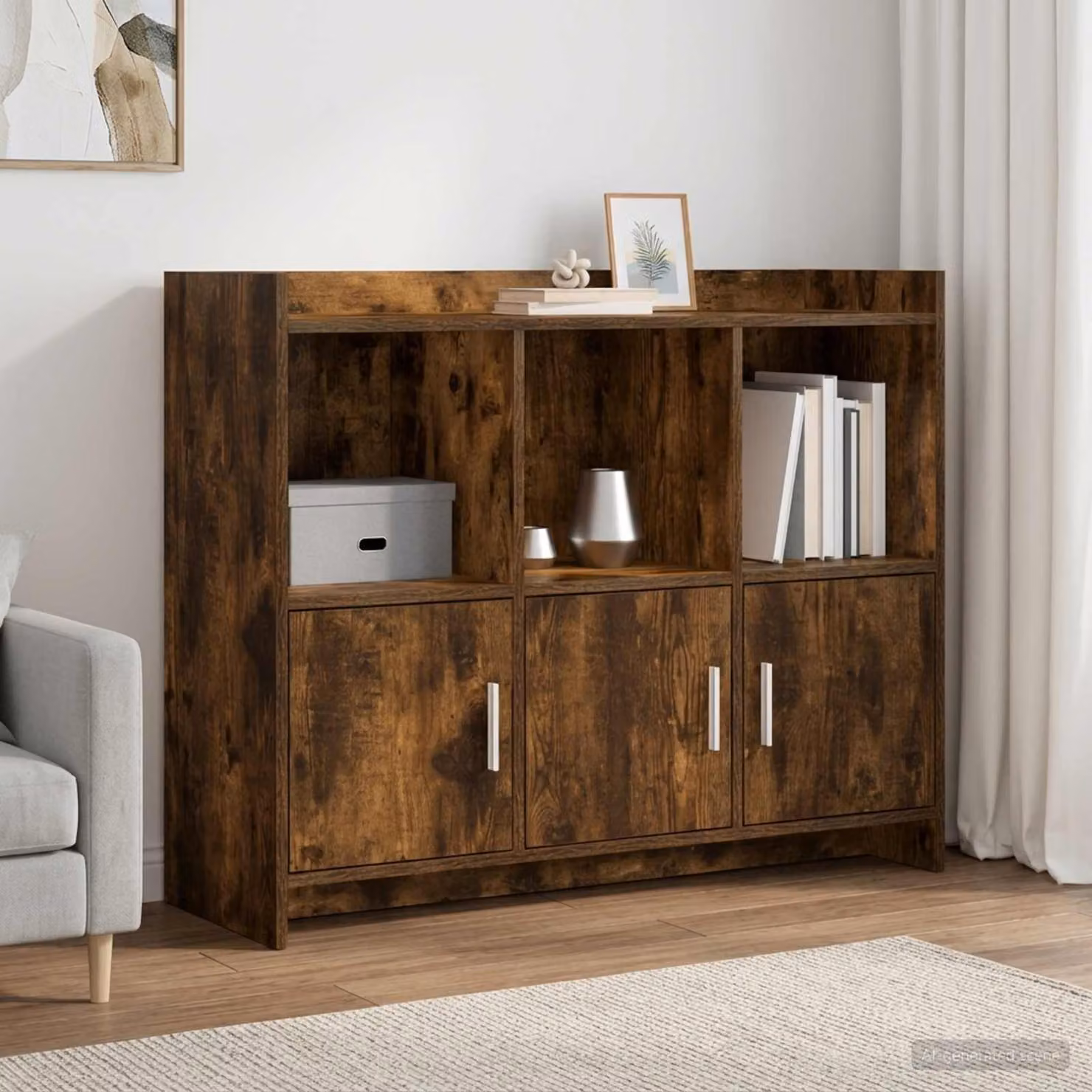 Credenza moderna vidaXL in legno ingegnerizzato e metallo, Rovere Fumo, L: 98,5 cm, P: 33 cm, H: 80 cm