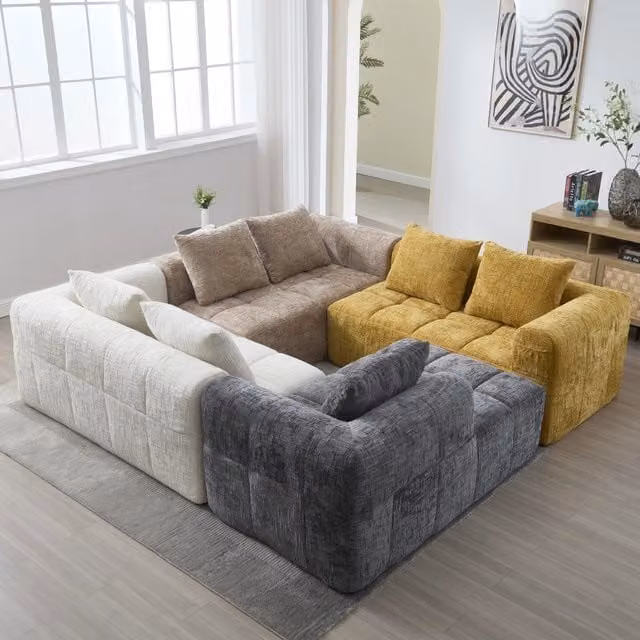 Divano modulare 3 posti con chaise longue tasche laterali e 3 cuscini sfoderabili in ciniglia kaki 250 × 158 × 60 cm