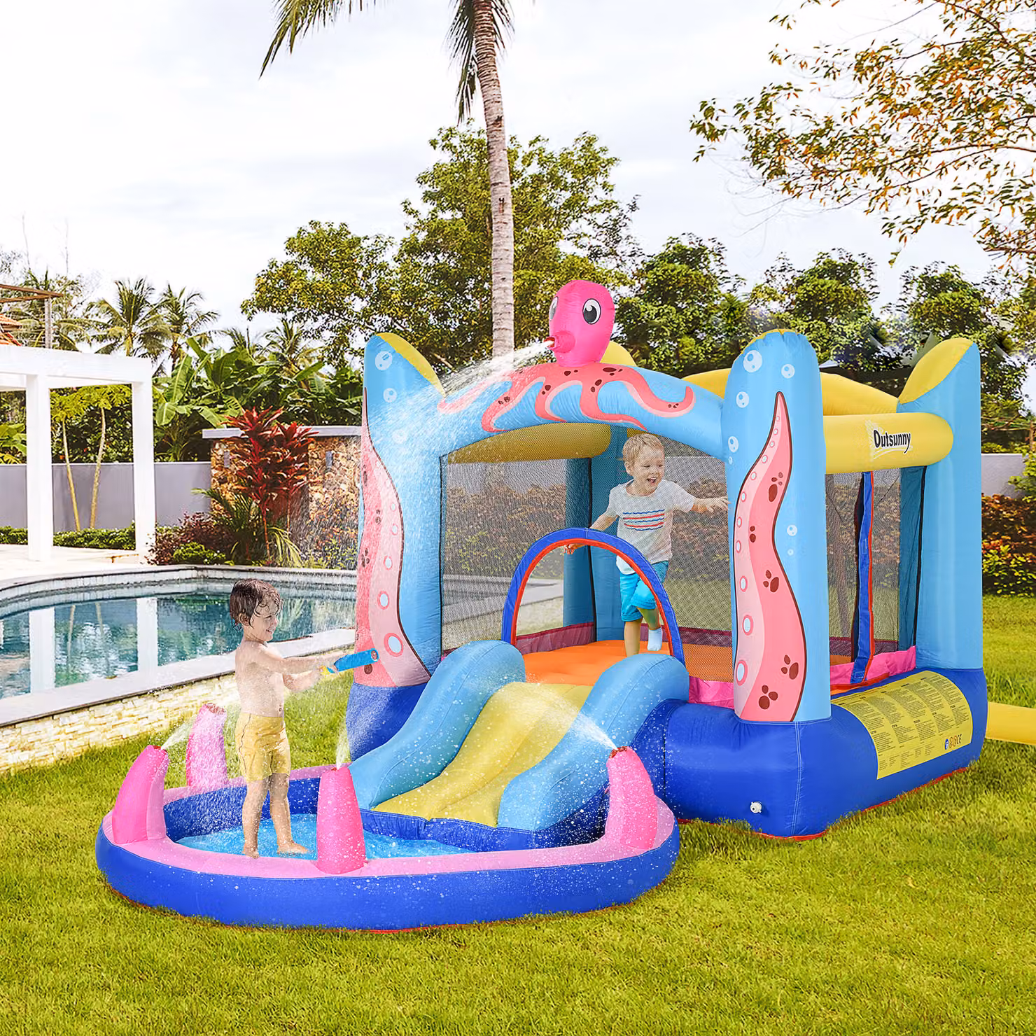 Castello Gonfiabile Outsunny con Scivolo e Piscina Multicolore per Bambini, L: 360 cm, P: 175 cm, H: 180 cm – 2