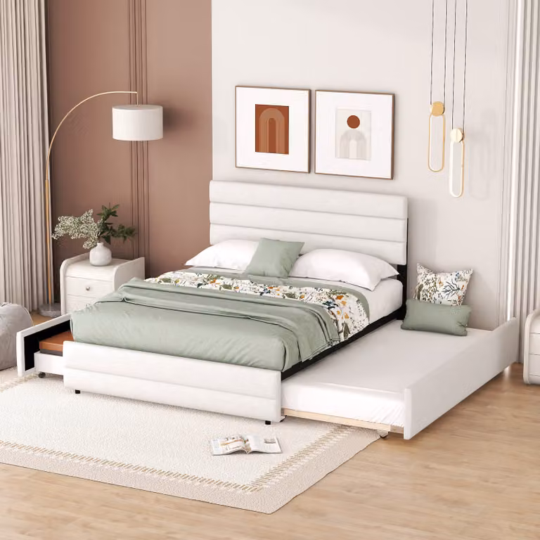 Letto imbottito Flieks 140x200cm con letto estraibile 90x190cm, letto matrimoniale con 2 cassetti e rete a doghe, letto contenitore per ragazzi letto per ospiti, biancheria, bianco