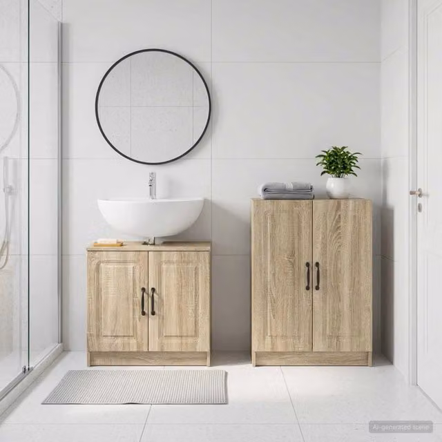 Set di mobili da bagno moderno vidaXL composto da mobile lavabo e mobile contenitore in legno color rovere, L/P/H: 59,5 x 31,5 x 80,0 cm