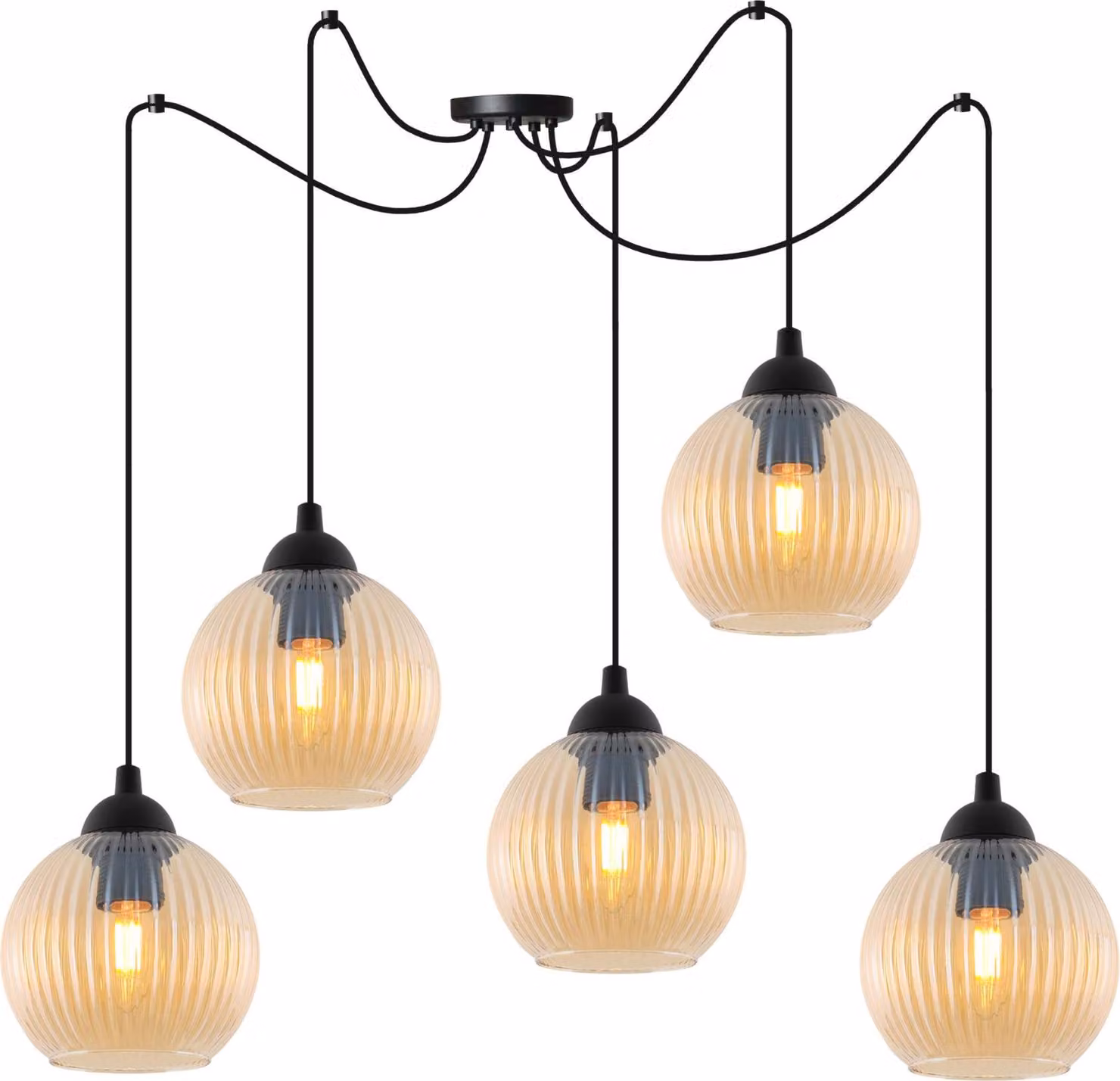 Lampada a sospensione RIFFLE a ragno, nera, a 5 luci, con sfere in vetro color ambra, attacco E27