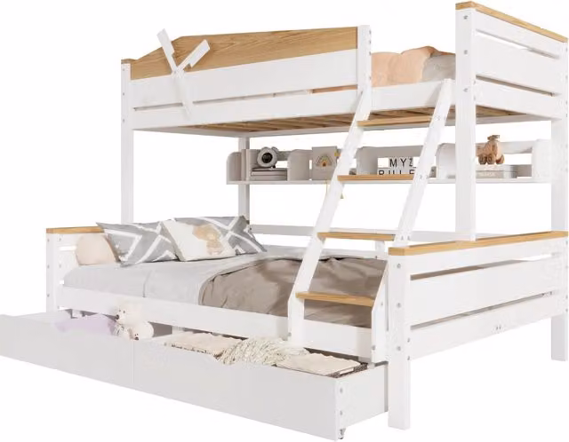 Letto a castello Chicfurn in legno massiccio bianco con scala a 4 gradini, ripiani e 2 cassetti, dimensioni L/P/H: 205 x 120 x 155 cm – 1