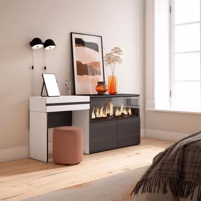 Tavolo da toeletta, 177x35x75cm, Con cassetto, Camino elettrico XXL, Bianco RF3454