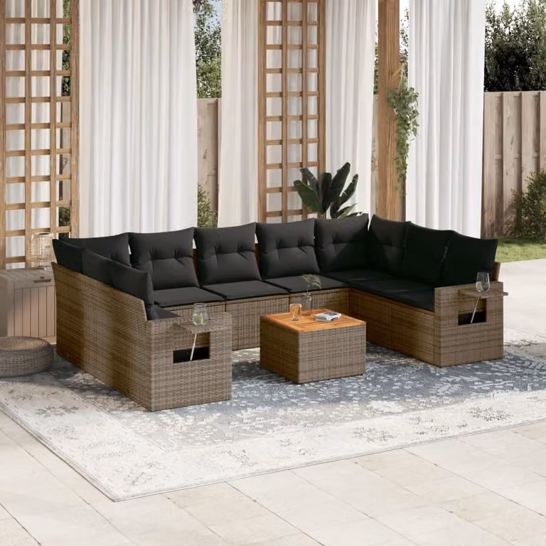 Set Divano da Giardino vidaXL 10 pz in Polyrattan Grigio con Cuscini e Tavolino