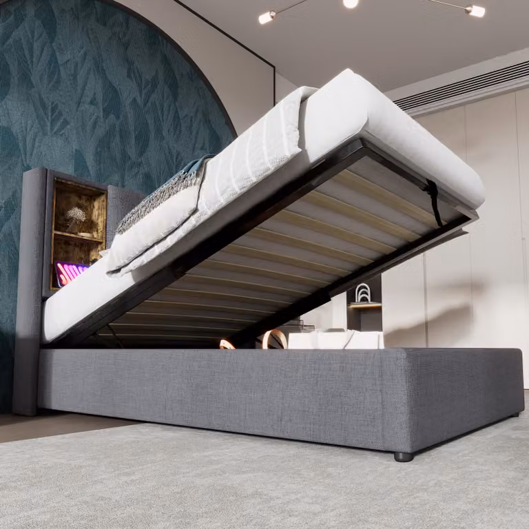 Letto imbottito STILVORA 90x200 cm con contenitore, presa di ricarica USB e illuminazione a LED, letto singolo con contenitore, grigio (con materasso)