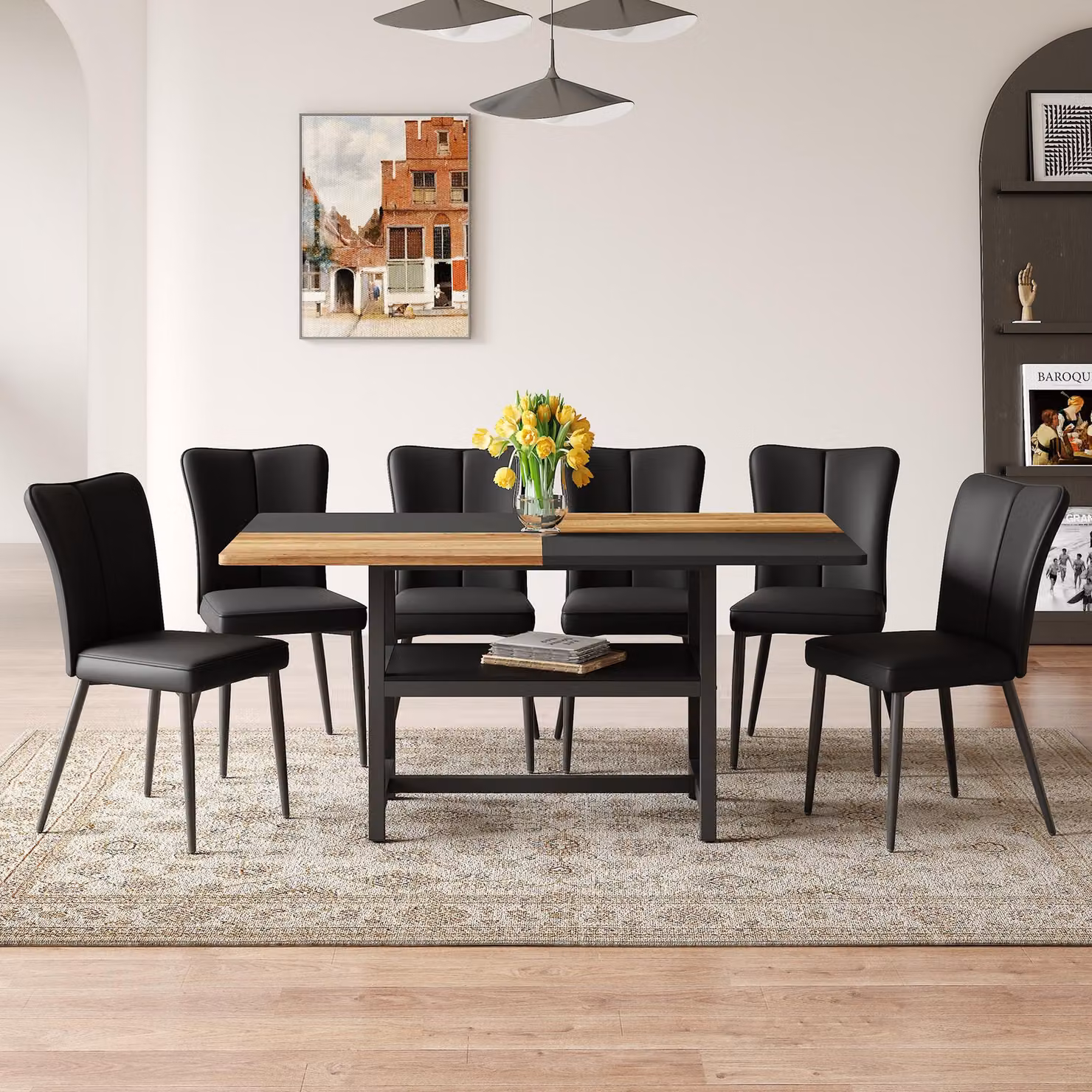 STILVORA STILVORA Set da pranzo rettangolare con funzione di contenimento, tavolo da pranzo con 6 sedie moderne nere, set di sedie da pranzo con gambe in metallo nero. Adatto per soggiorno, zona pranzo, cucina ecc.