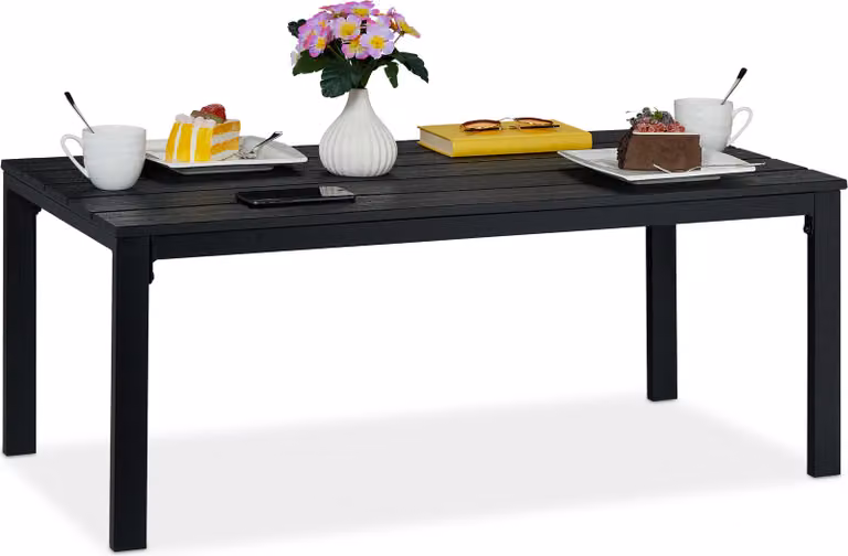 Tavolo da giardino rettangolare Relaxdays, effetto legno, tavolo da pranzo, giardino, balcone, terrazza, DxLxA: 39x98x48 cm, tavolo da balcone, nero