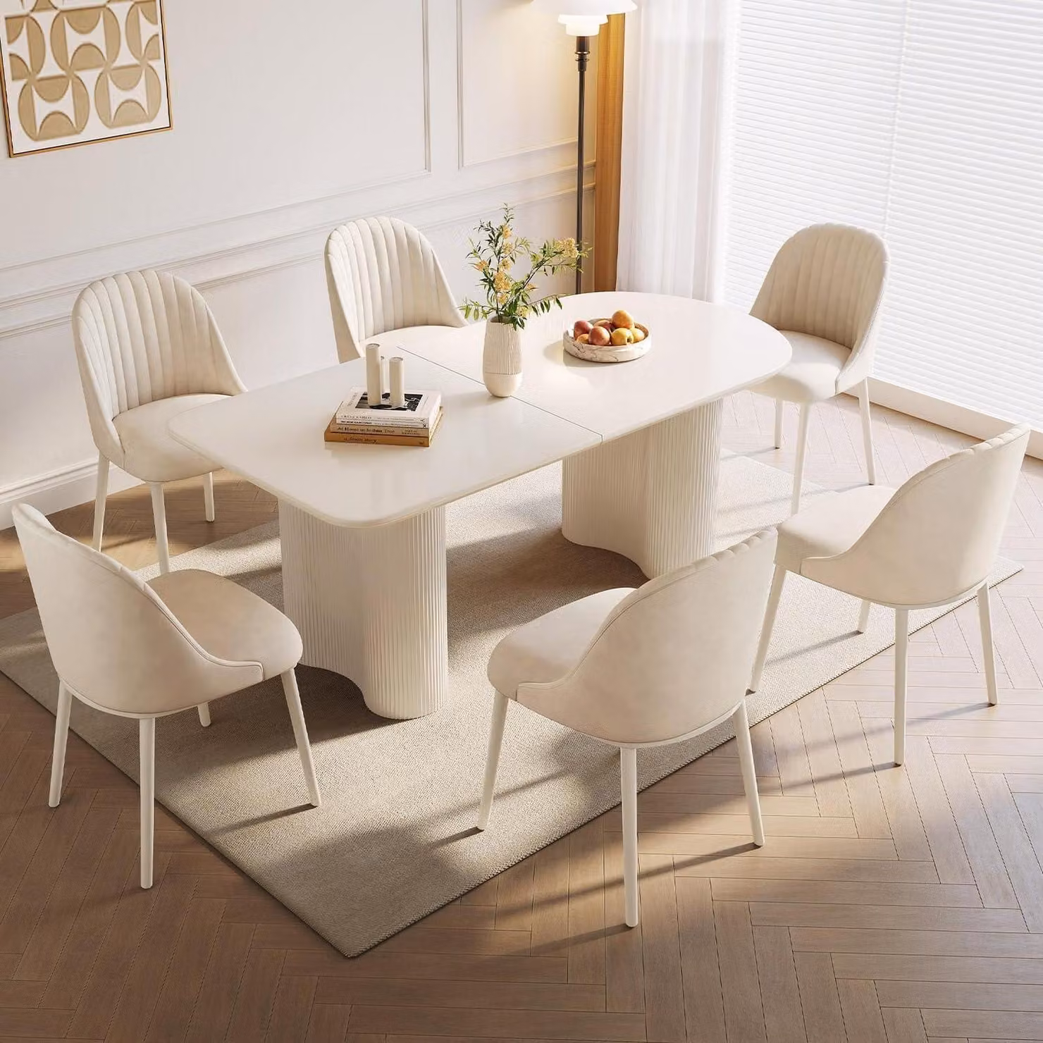 Tavolo da pranzo con 6 sedie, colore bianco, dimensioni 160 cm. Design minimalista. Sedie imbottite