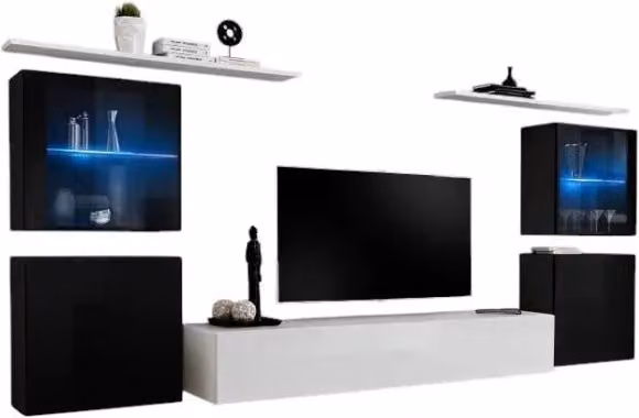 Composizione murale Meublorama SWITCH XIV mobile TV sospeso bianco e nero lucido con LED L: 160 cm, P: 40 cm – 1