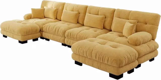 Divano modulare ad angolo a forma di U, 4 posti, tessuto vintage Chenille giallo con pouf mobile