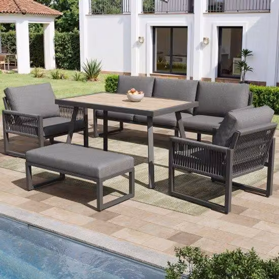 Set di mobili da giardino per balconi e terrazze, 6-7 posti a sedere, panca da giardino di alta qualità con ampia zona pranzo, mobili da giardino resistenti alle intemperie con morbidi cuscini e imbottiture