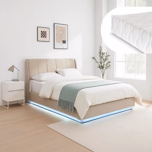 Letto Francese Contenitore Tröstiar a Luce LED con Materasso 140x200 cm - Effetto Lino Beige [en.casa]
