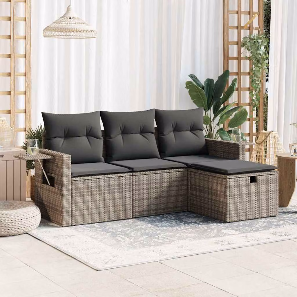 Set di divani da giardino vidaXL a forma di L in polyrattan grigio con cuscini e struttura in metallo