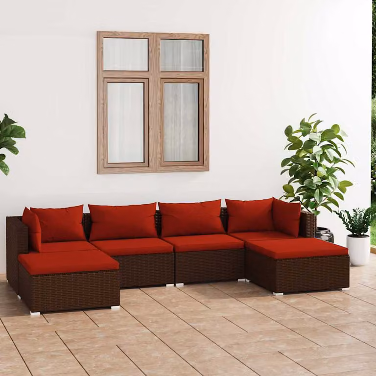 Set di divani da giardino vidaXL 6 pz in rattan marrone con cuscini e struttura in metallo