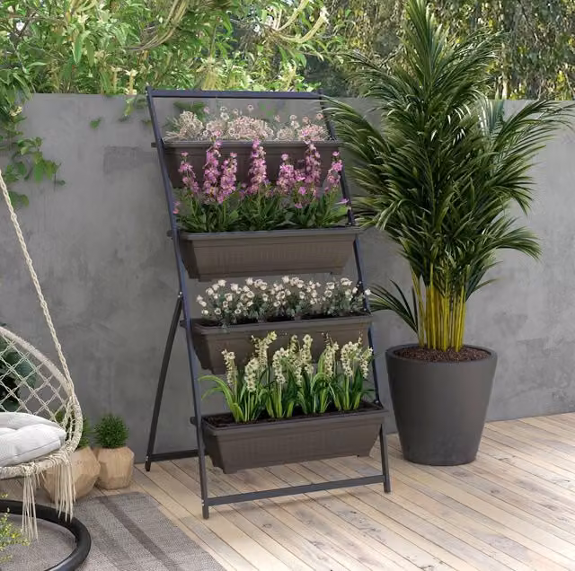 Portavasi ULEVR a 4 livelli 76x79x162 cm con 4 fioriere forate, struttura in acciaio marrone