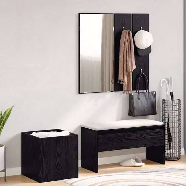 Set mobili da ingresso vidaXL composto da 5 pezzi con specchio, panca e pannello in rovere, nero e argento