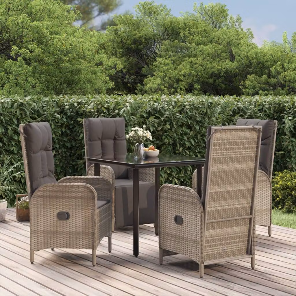 Set da pranzo da giardino vidaXL in polyrattan con tavolo in vetro e 5 pezzi, nero e grigio