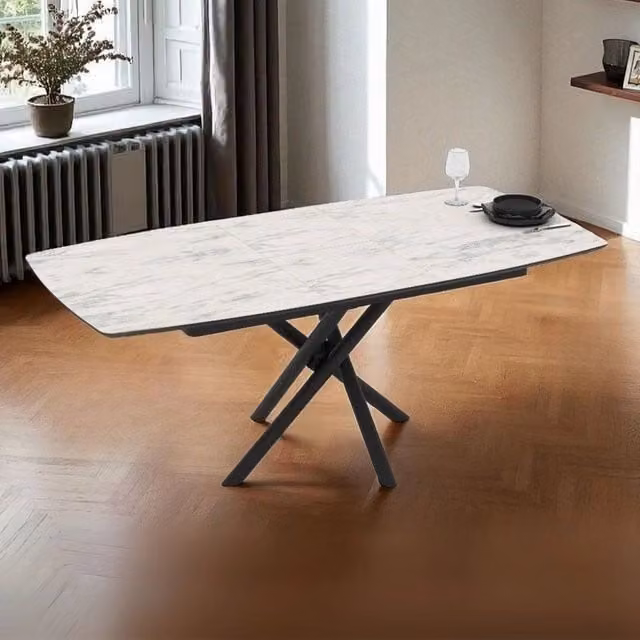 Tavolo allungabile Katrin con piano marmo bianco e gambe a stelo incrociate nere 138/178x90x76H