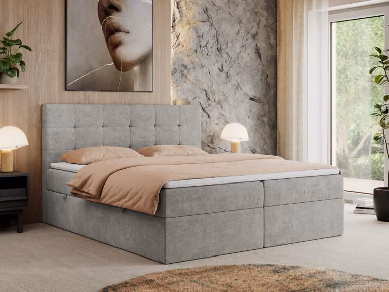 MKS MEBLE letto a molle 180x200 con rete e materasso H3, letto imbottito 180x200 con rete, letto 180x200 con contenitore e topper - Centos - Struttura grigio chiaro